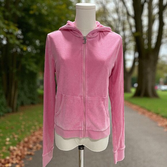 Juicy Couture Pink Velour Zip Hoodie Rhinestone Back Logo Y2K Streetwear Medium - Picture 1 of 10